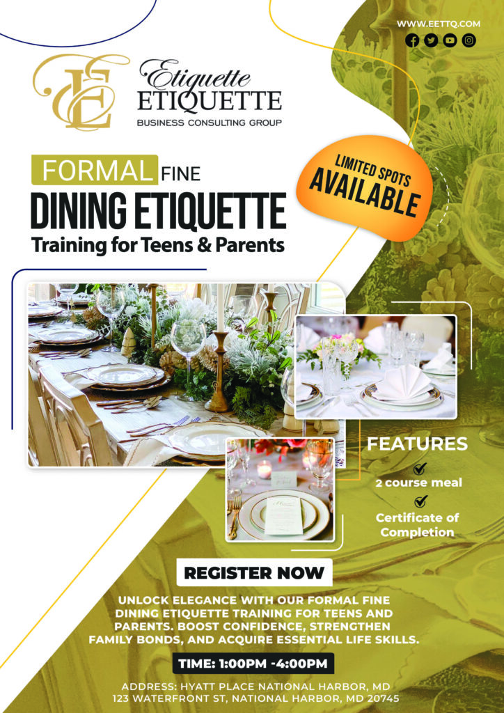 A formal fine dining etiquette training for teens and parents.